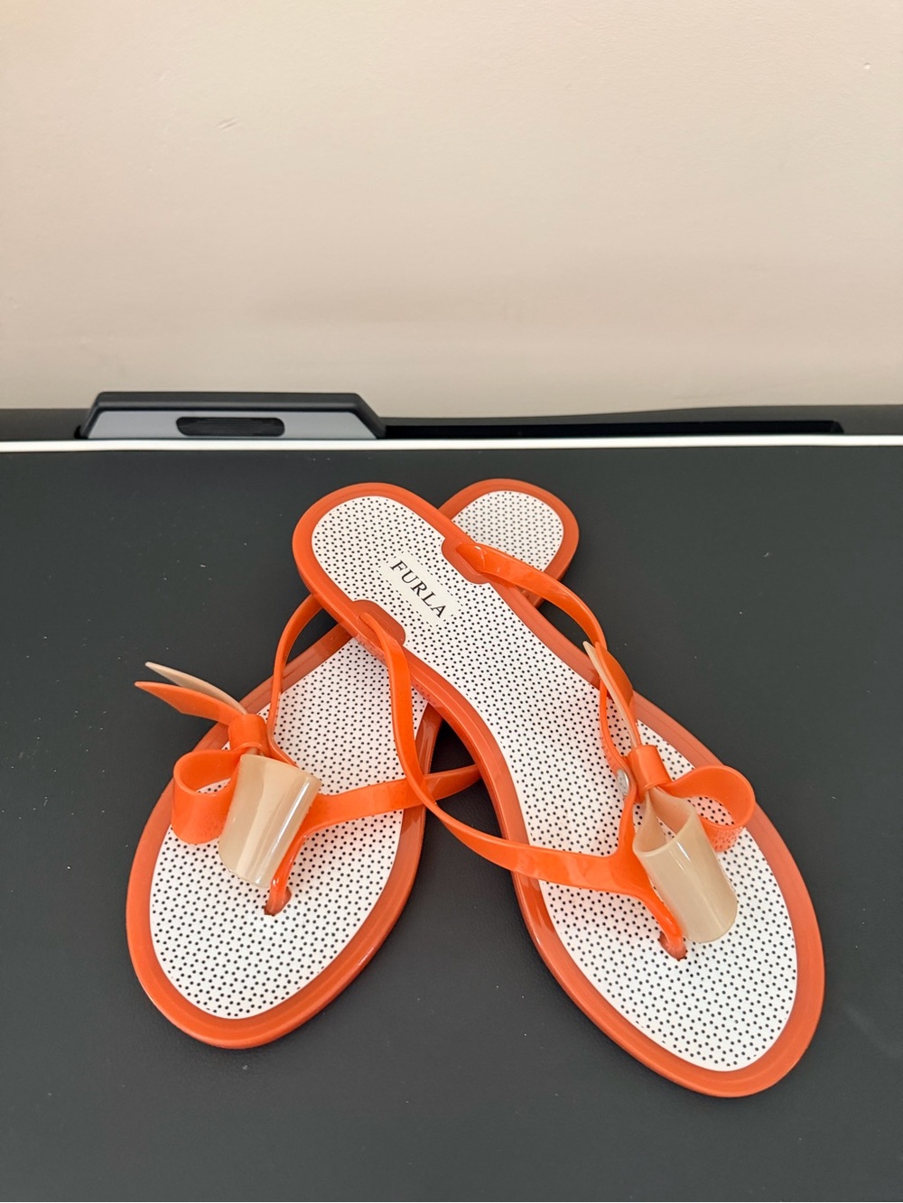 Furla Bright Orange Bow Toe-Post Sandals Authentic